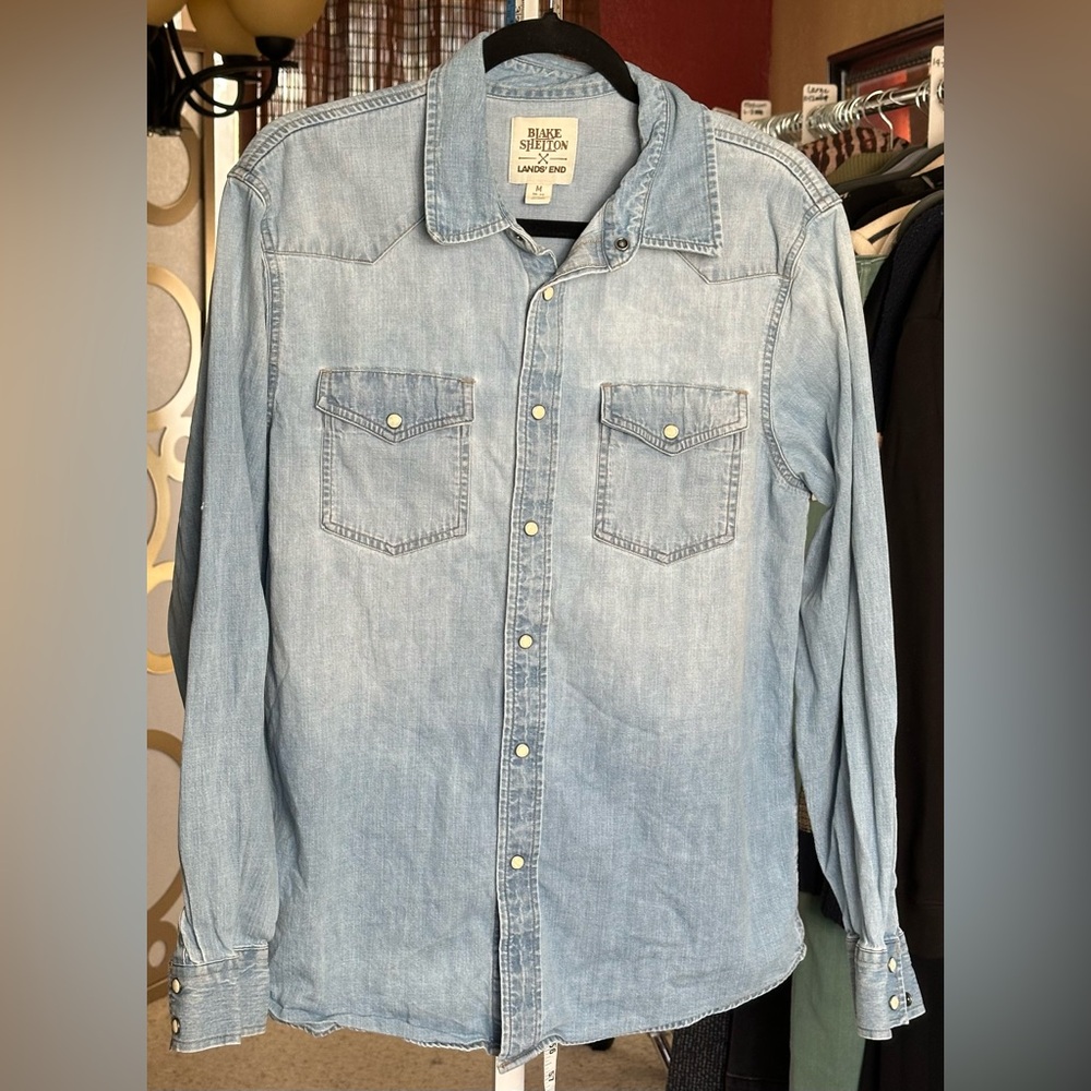 Blake Shelton Lands End Denim Pearl Snap Western Shirt Cowboy Oversized M